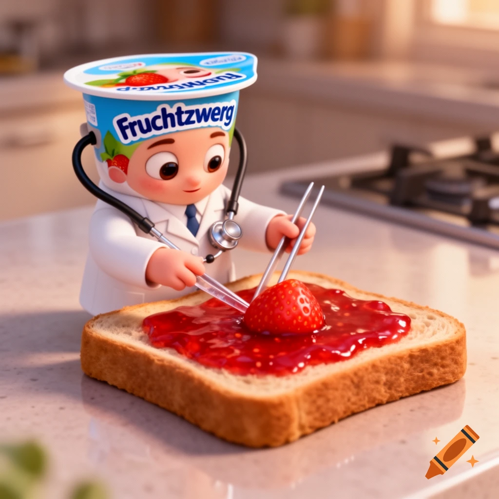 A cute 3D Pixar-style yogurt cup character dressed as a doctor, operating on strawberry jam toast on a kitchen counter.