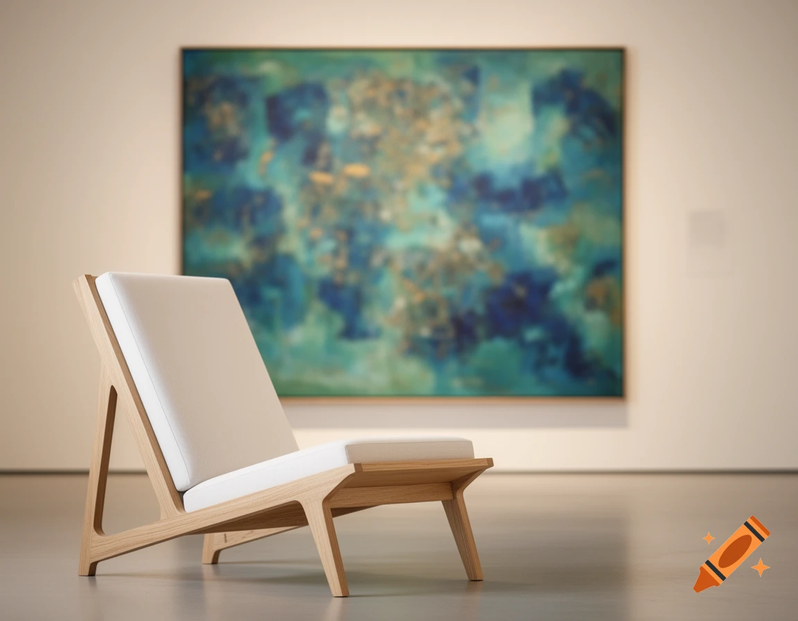 A modern wooden and white upholstered chair in a gallery, with a large blurry abstract blue and gold painting on the wall behind it.