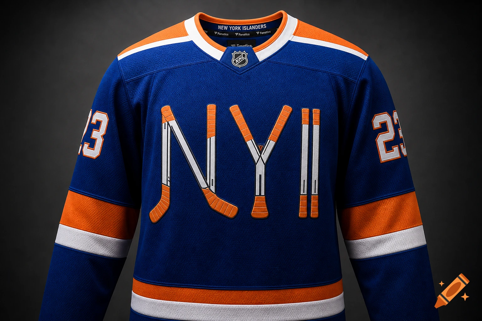 Professional studio shot of a deep royal blue New York Islanders hockey jersey with an 'NYI' logo made from hockey sticks on the chest.