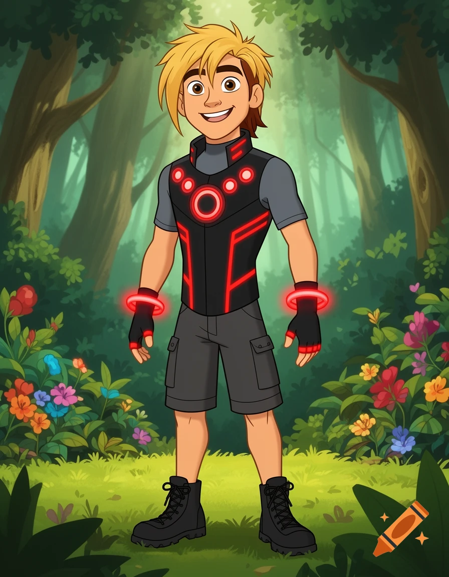 Cartoon character, a blond young man in a black and red futuristic adventure suit, smiles in a vibrant green forest with colorful flowers.