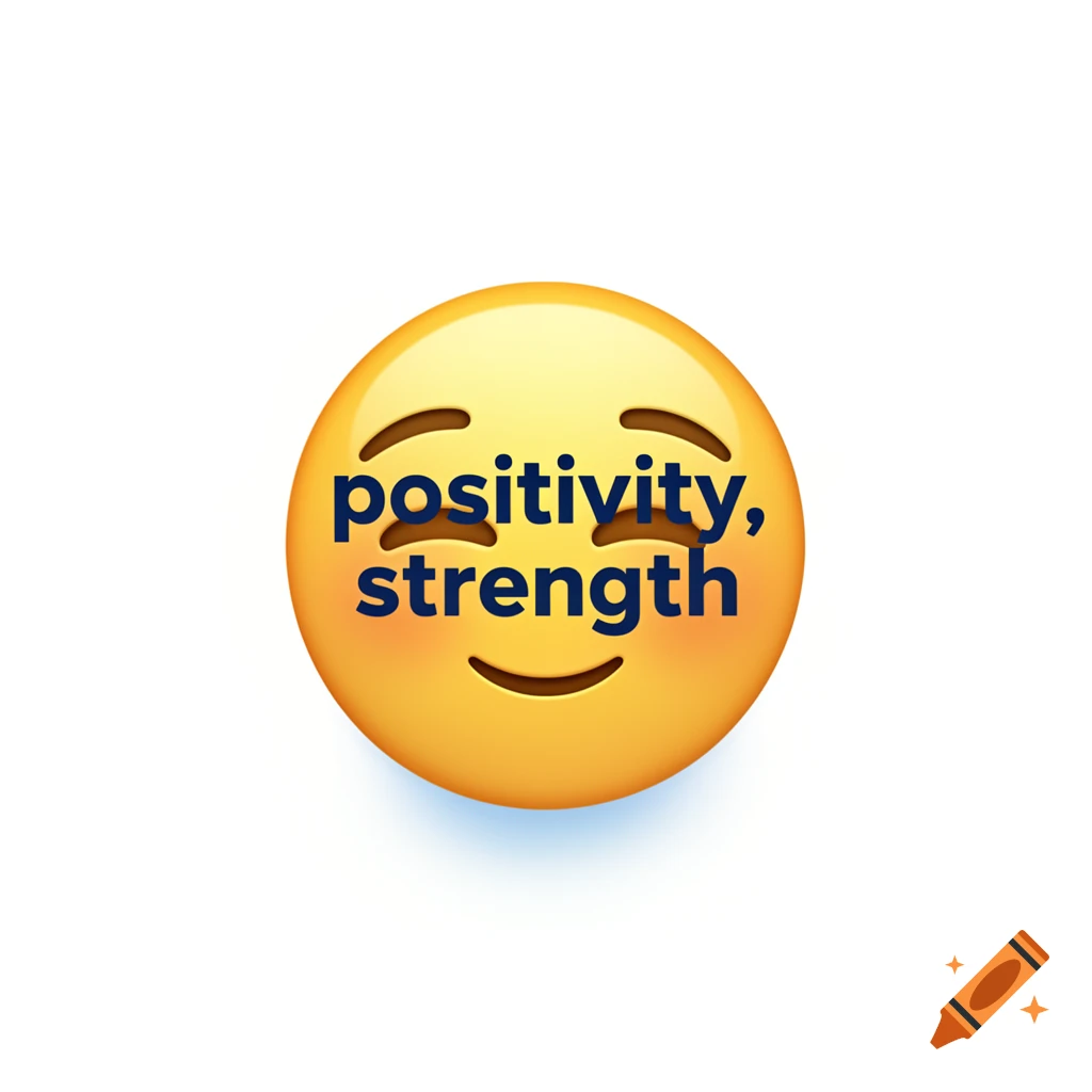 A smiling yellow emoji with closed eyes and rosy cheeks has the words 'positivity, strength' written on its face.