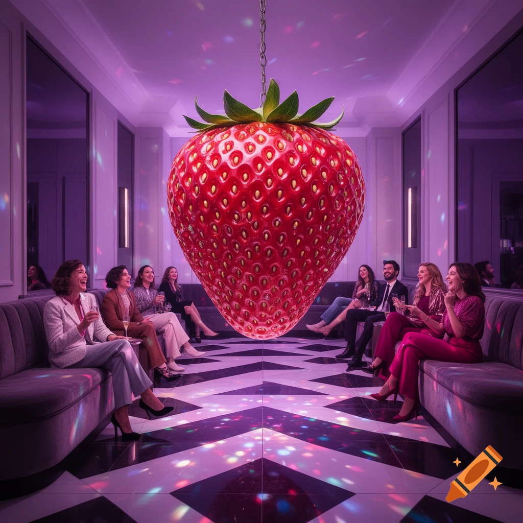 A giant strawberry hangs from the ceiling in a purple-lit disco lounge where people sit on couches.