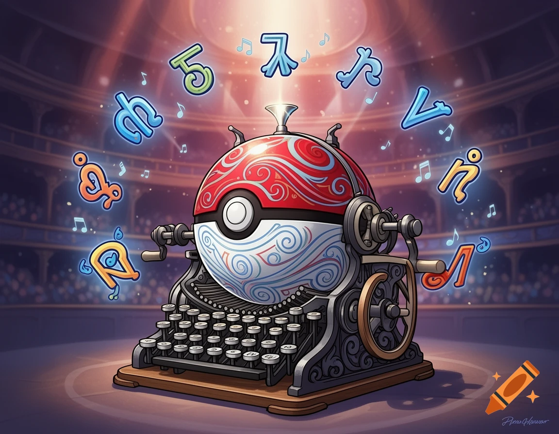 A stylized red and white Pokeball integrated into a vintage typewriter, with glowing, letter-like 'Unown' Pokemon floating around it in an auditorium setting.