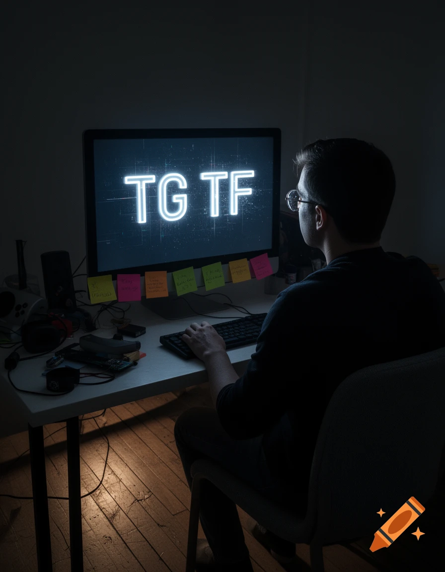 A person sits at a desk in a dark room, illuminated by the glow of a computer screen displaying "TG TF" in neon letters.