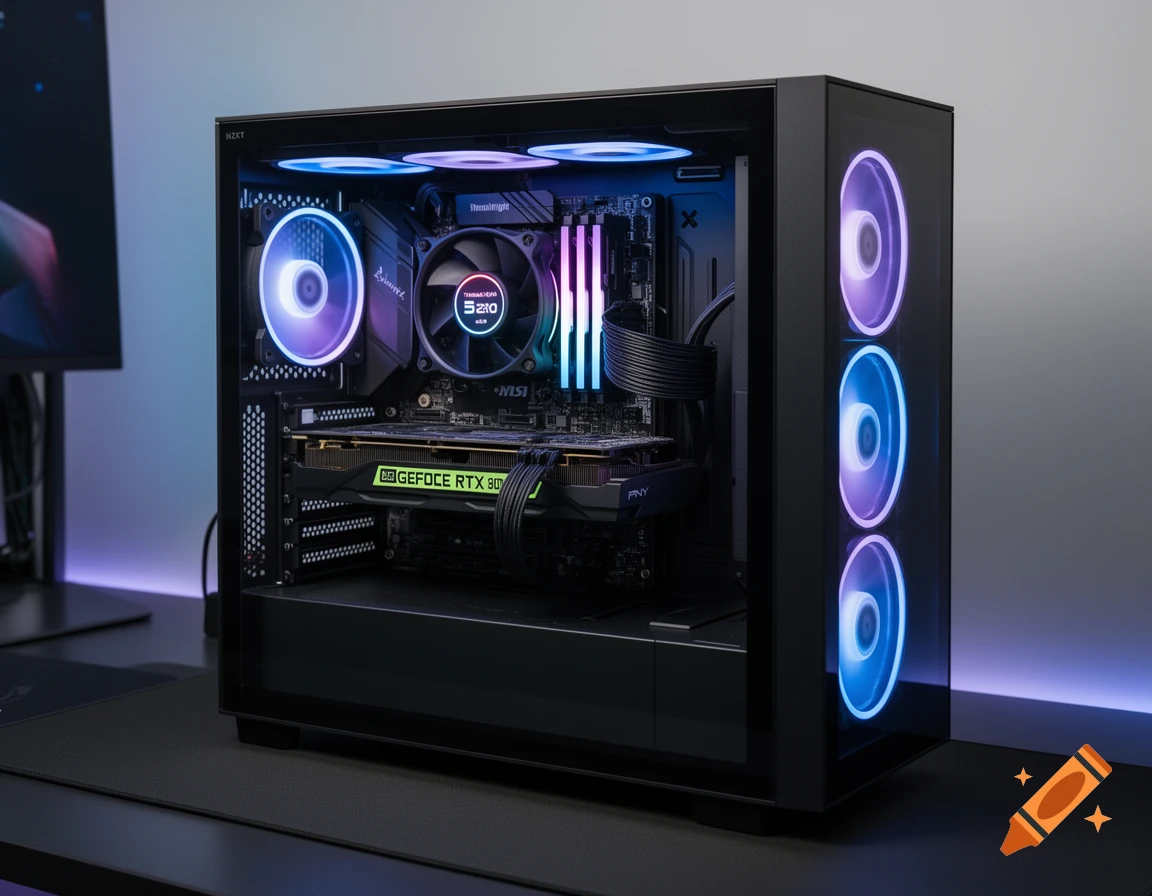 A photorealistic image of a custom-built gaming PC with blue and purple RGB lighting inside a black case, showcasing internal components.