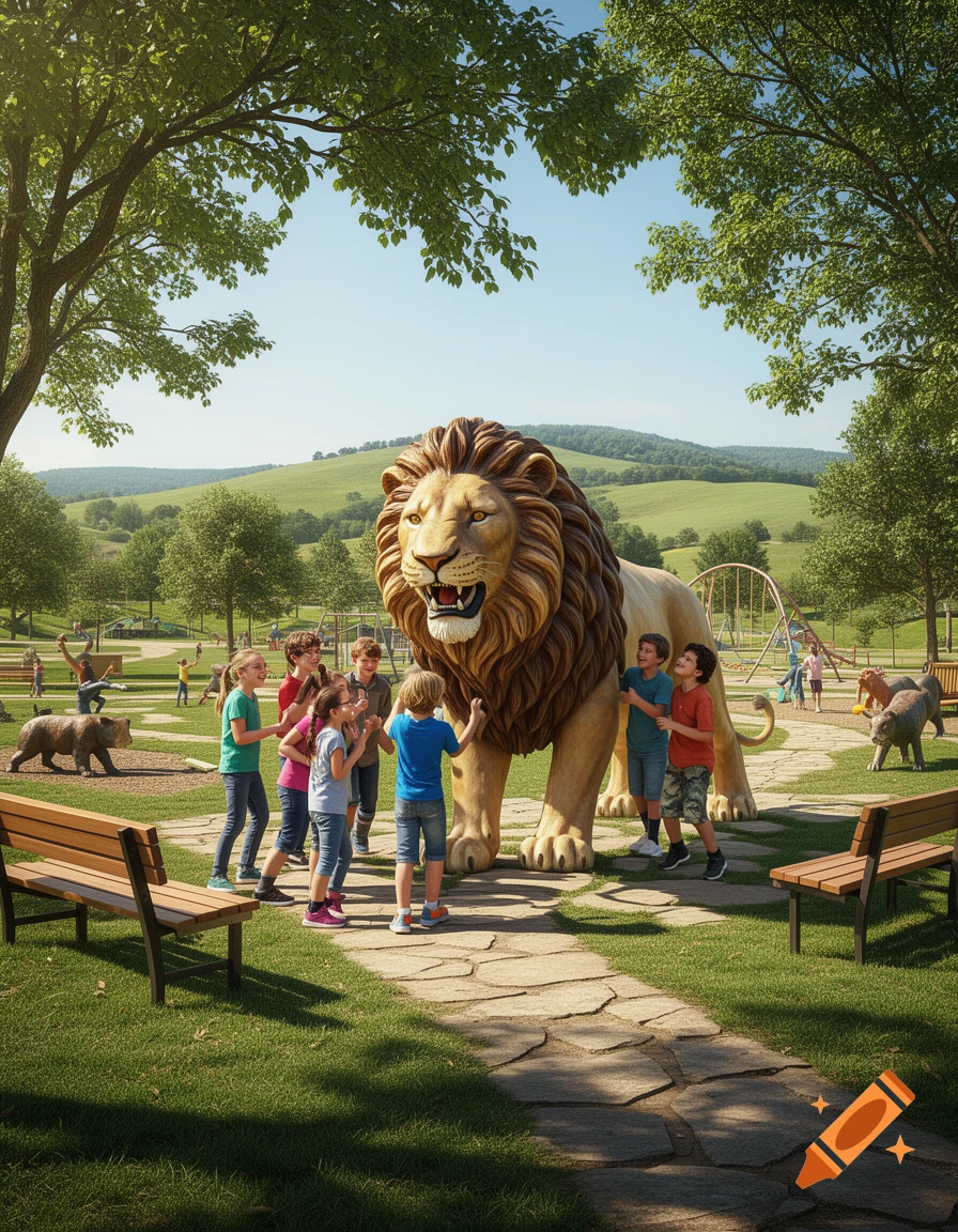 Children gather around a large, realistic lion statue in a sunny park with green hills and trees.