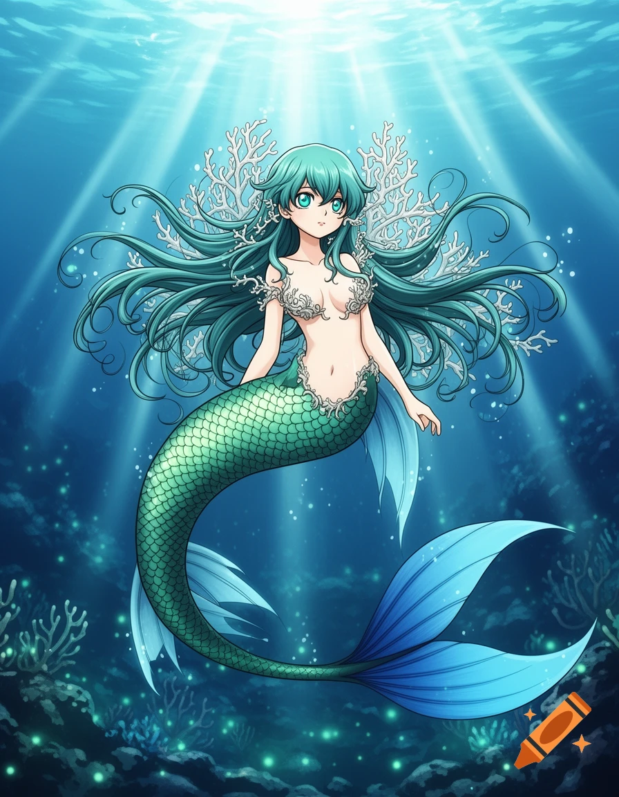 An anime mermaid with teal hair, a shell bra, and a green-blue tail swims underwater amidst coral and sunbeams.