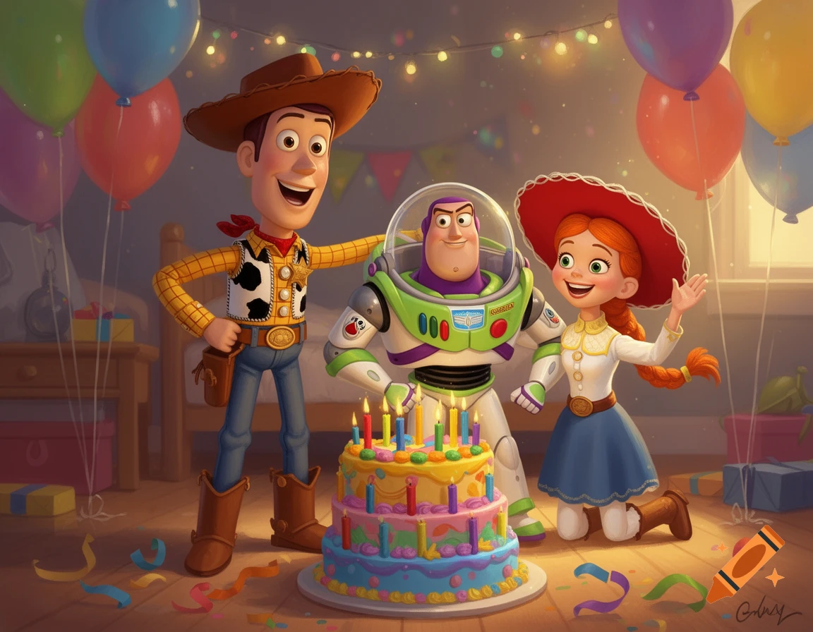 Woody, Buzz Lightyear, and Jessie celebrate with a colorful birthday cake, balloons, and streamers in a vibrant animated scene.