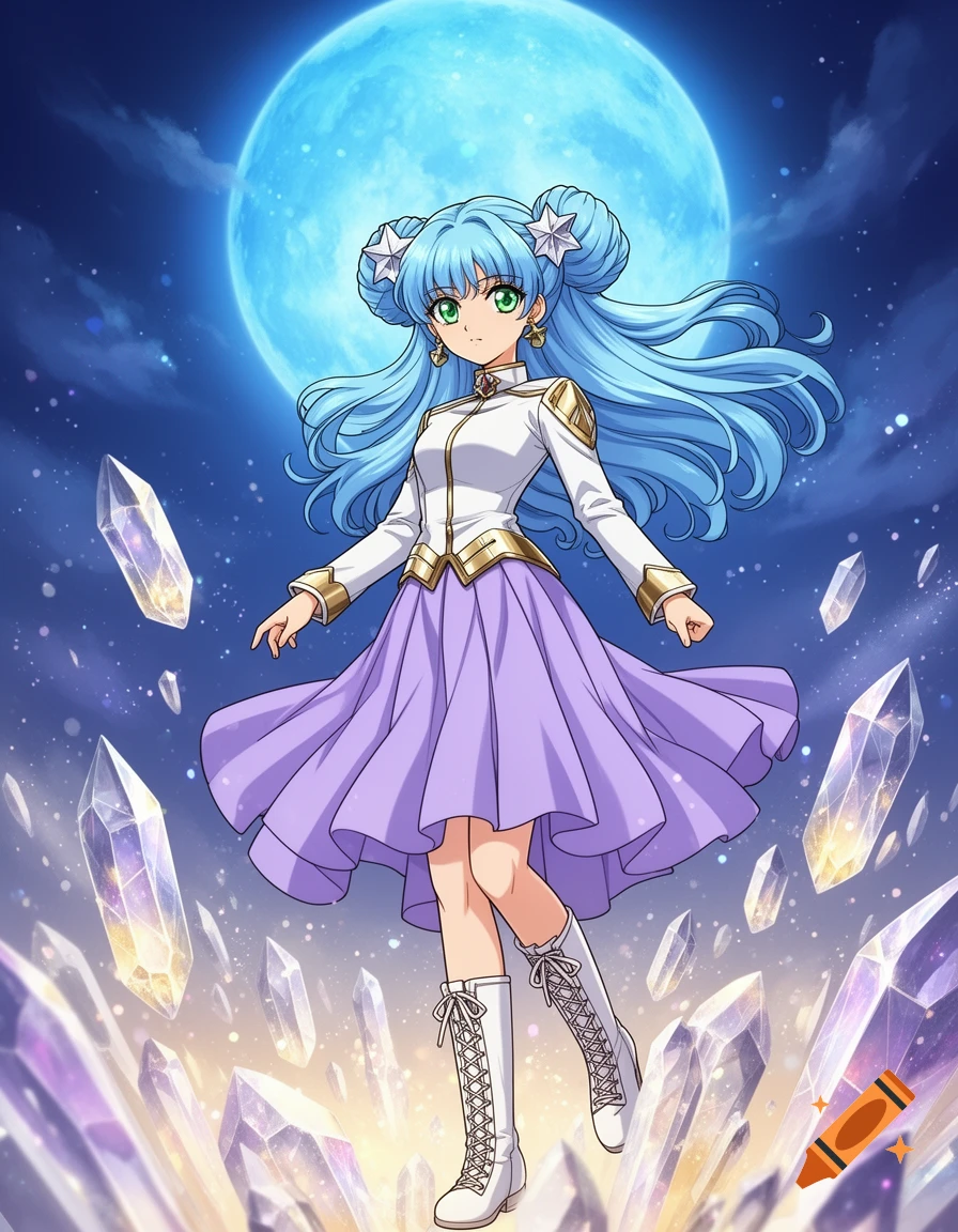 Anime girl with light blue hair and a purple skirt floats amidst glowing crystals under a large blue moon.