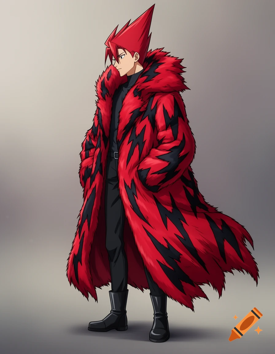 Anime man with red spiky hair in a red and black lightning bolt patterned fur coat, black boots, hands in pockets, facing left.