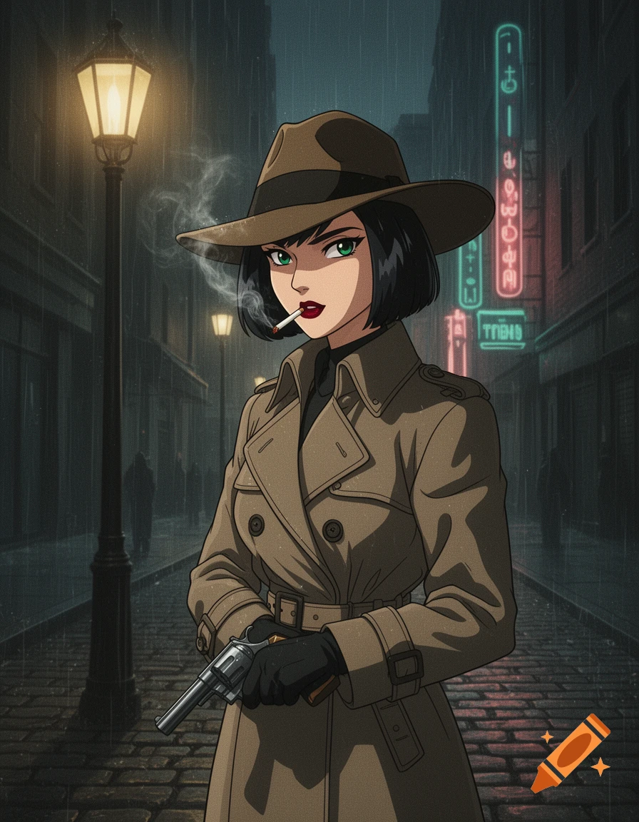 Anime noir detective girl in a trench coat and fedora smokes, holding a revolver on a rainy street with neon signs.