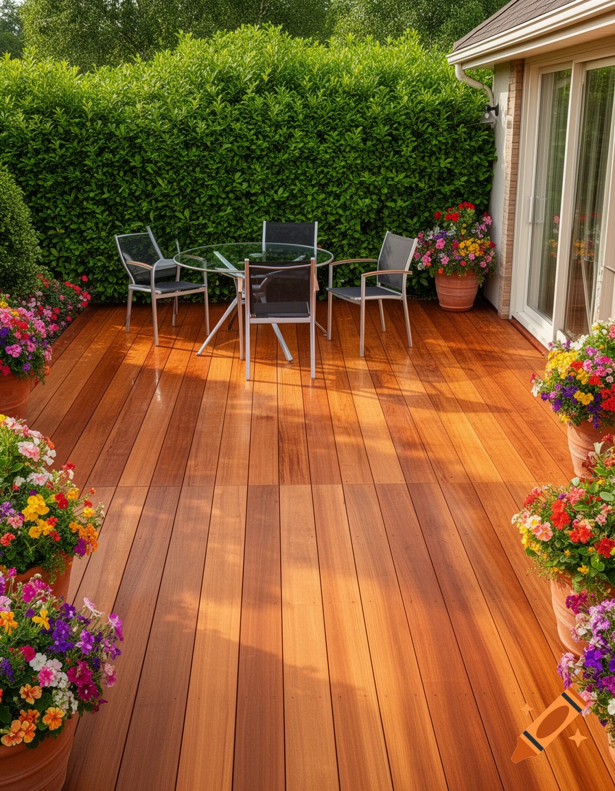 A sunny wooden patio with a glass table, four chairs, and potted flowers against a lush green hedge.