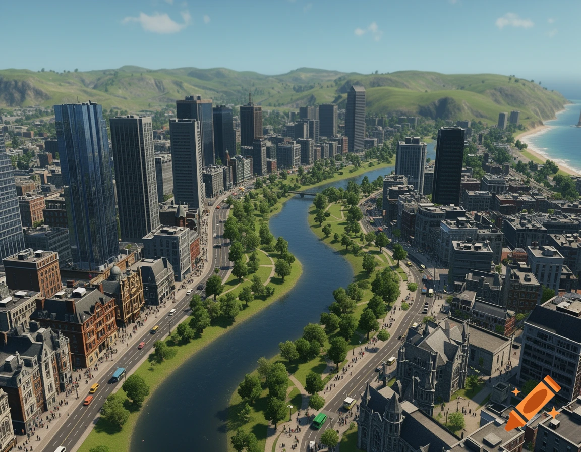 Aerial view of a sprawling city with skyscrapers, a winding river, green parks, and a distant coastline, rendered in a realistic video game style.