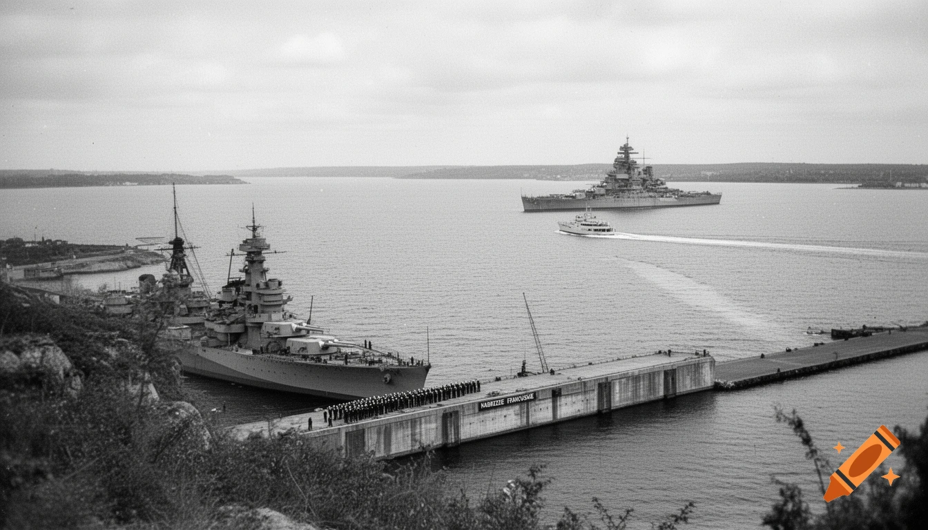 Black and white historical photo of two battleships in a harbor. One is docked at a pier with sailors, another is anchored in the distance with a smaller yacht sailing toward it.
