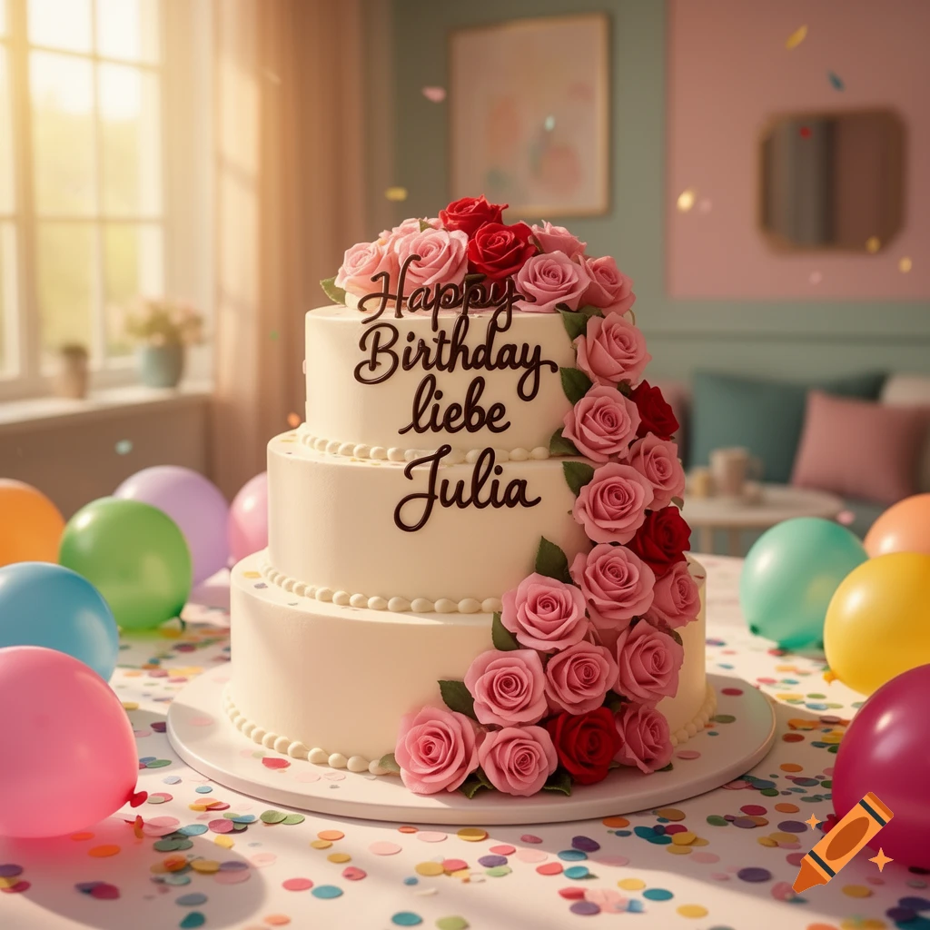 A three-tier white birthday cake with pink and red roses, 'Happy Birthday liebe Julia' text, colorful balloons, and confetti.