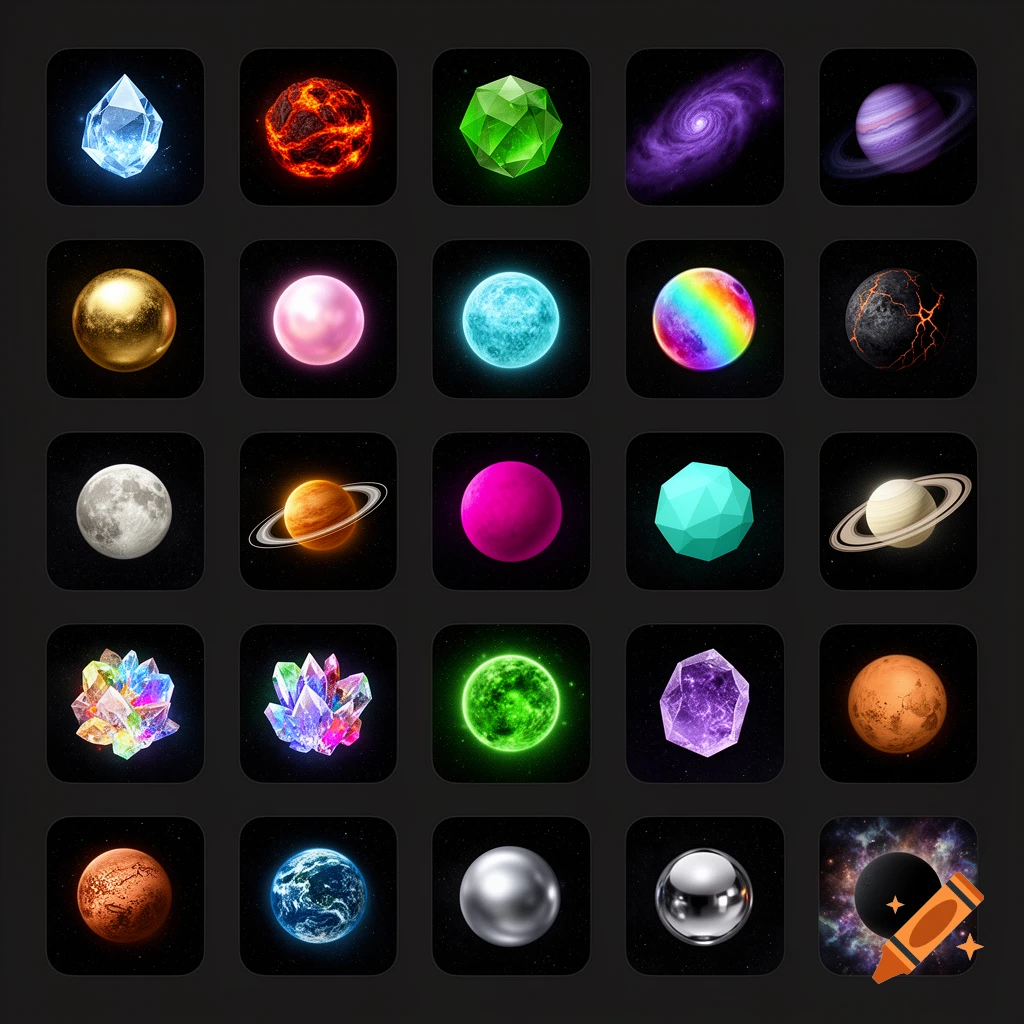Grid of 25 stylized space icons including various planets, moons, and crystals against a dark starry background.