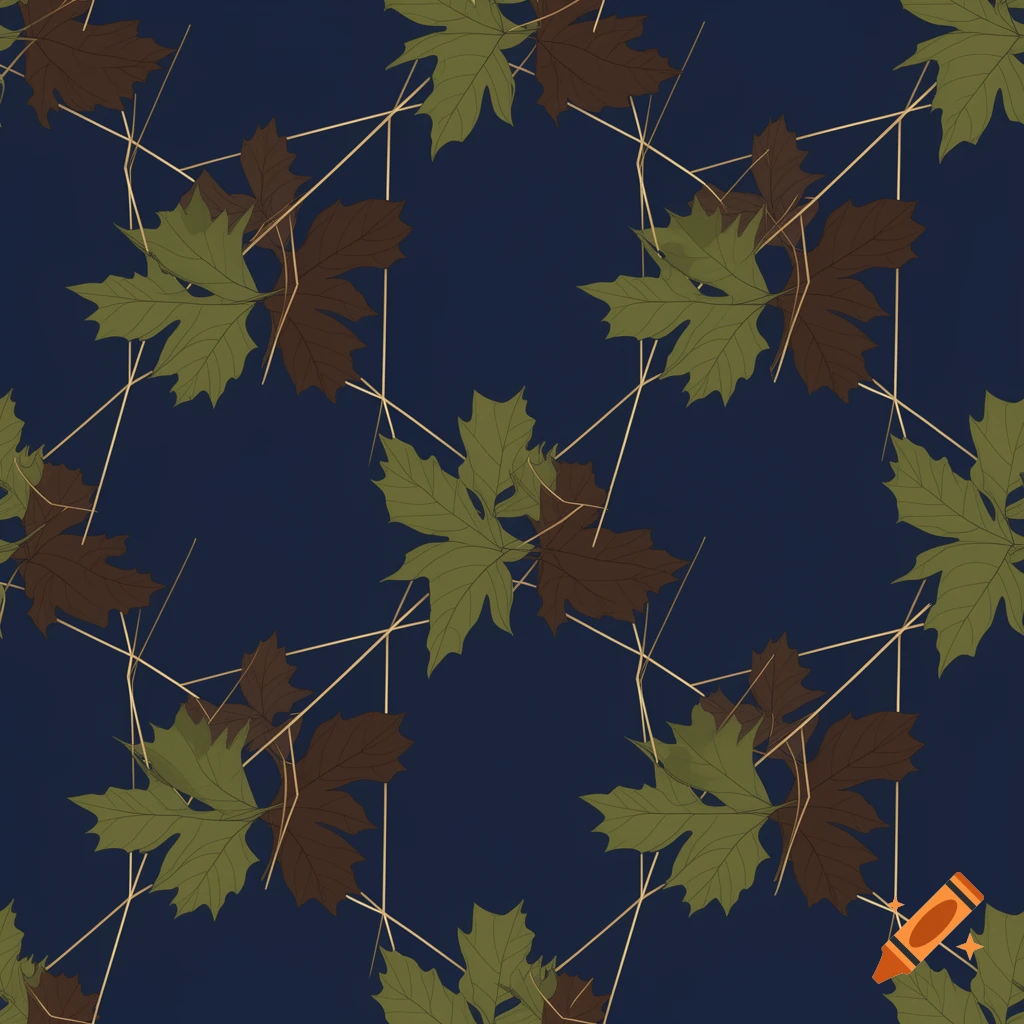 A seamless pattern with olive green and deep brown autumn leaves interwoven with thin gold geometric lines on a rich navy blue background.