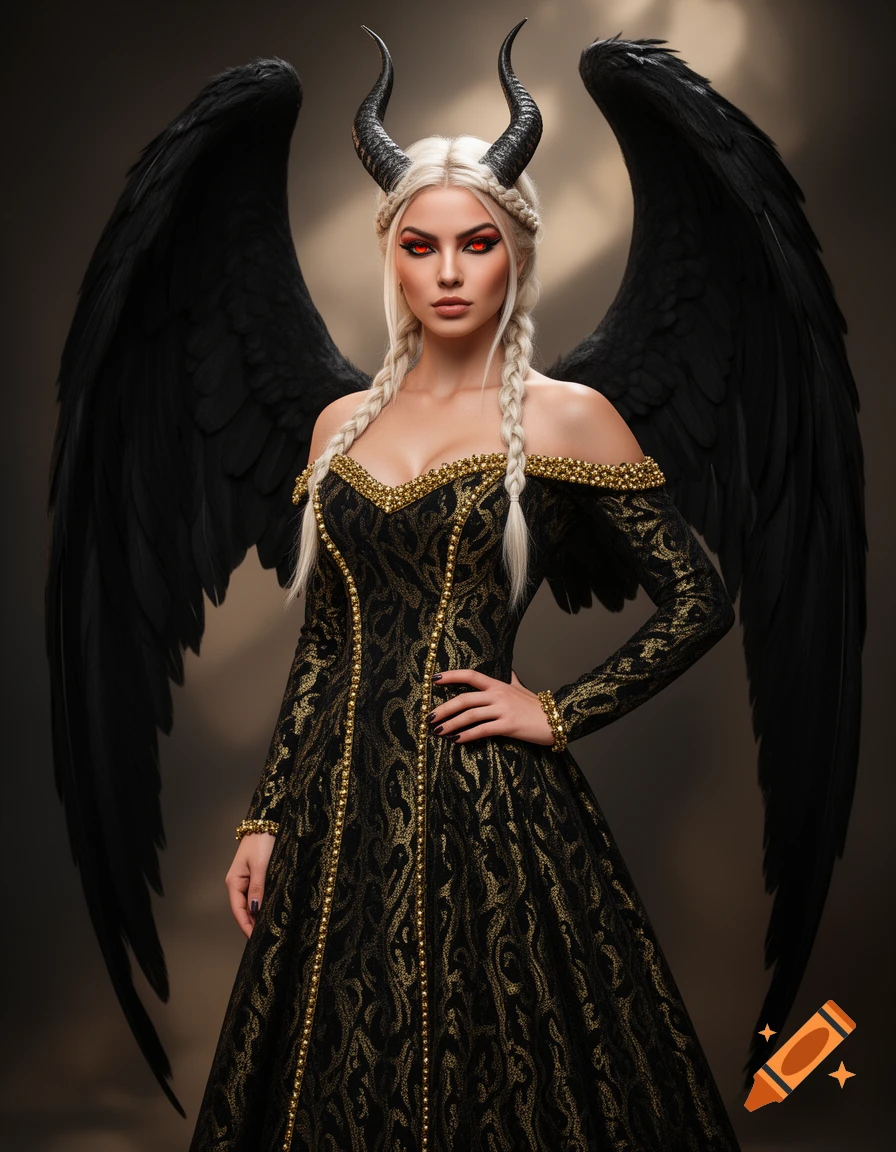 A beautiful female demon with platinum blonde braided hair, red eyes, black horns, and large black wings, wearing an elaborate black and gold gown.