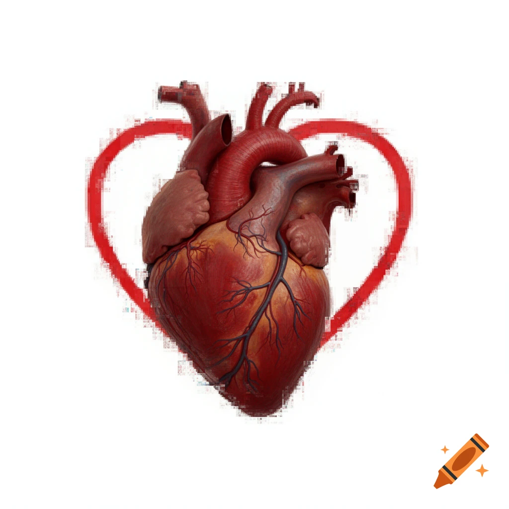 Realistic anatomical human heart with a pixelated red heart outline on a white background.