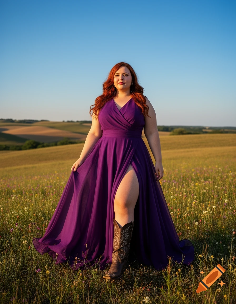 A plus-size woman with red hair in a purple gown with a high split and cowboy boots stands in a sunny field.