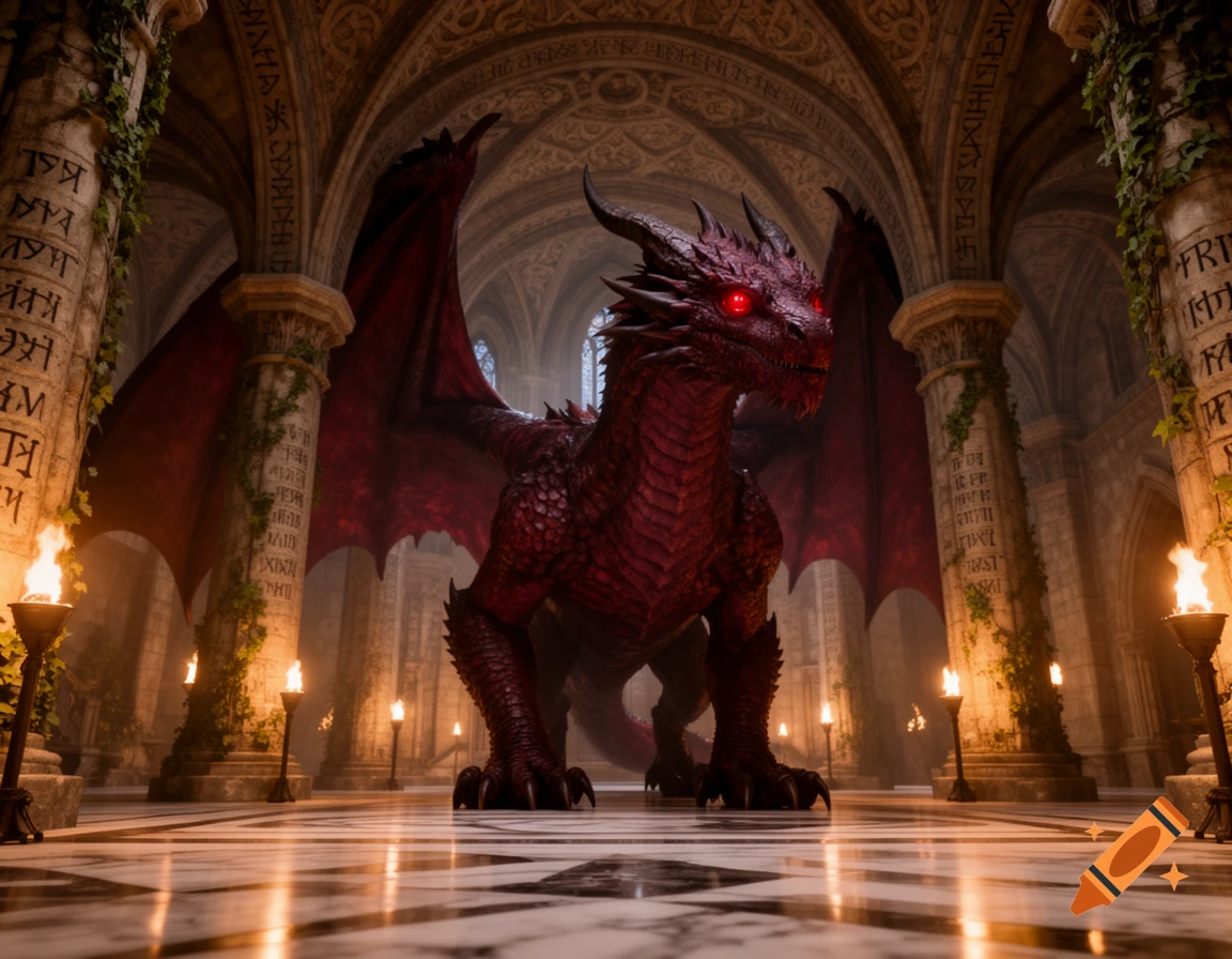A large dark red dragon with glowing red eyes stands in an ornate, torch-lit castle hall with inscribed columns and a polished floor.