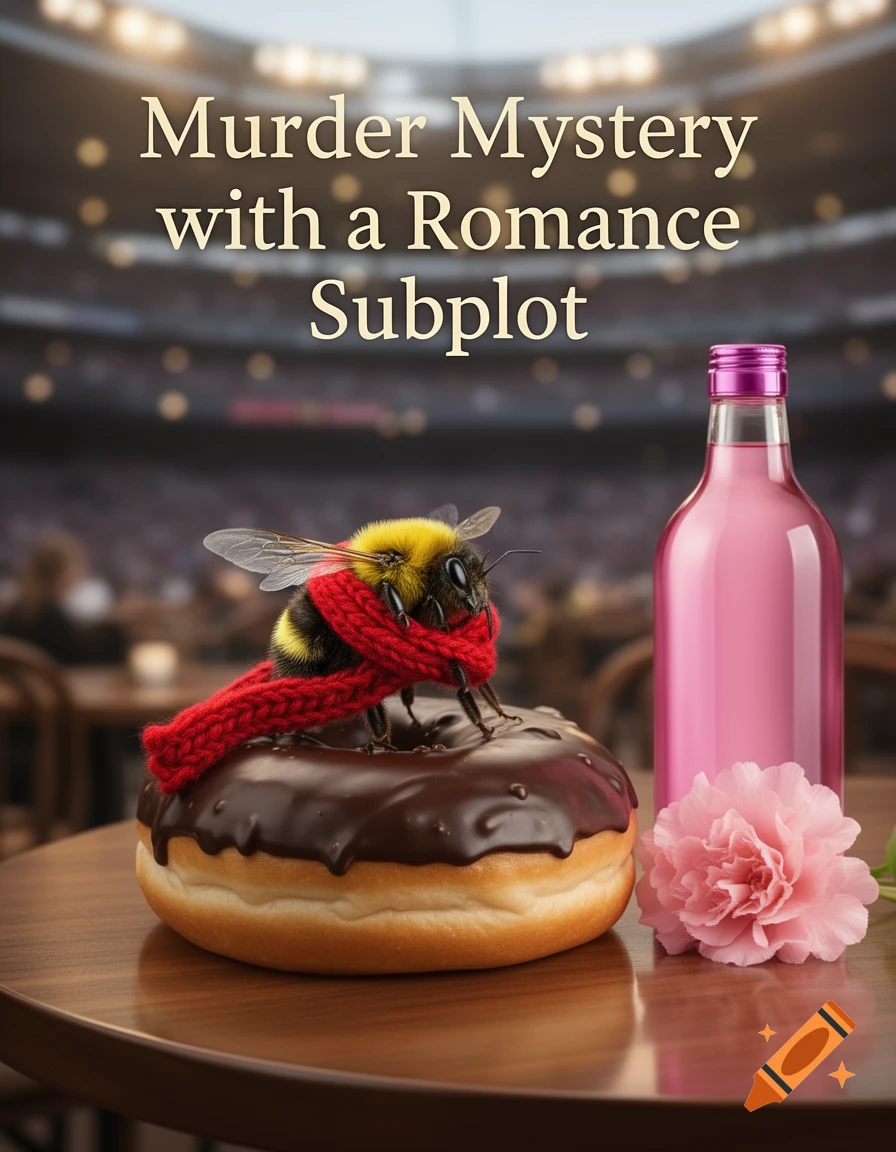 A photorealistic book cover showing a bumblebee in a red scarf perched on a chocolate donut, with the title 'Murder Mystery with a Romance Subplot', a pink bottle, and a pink flower on a cafe table.