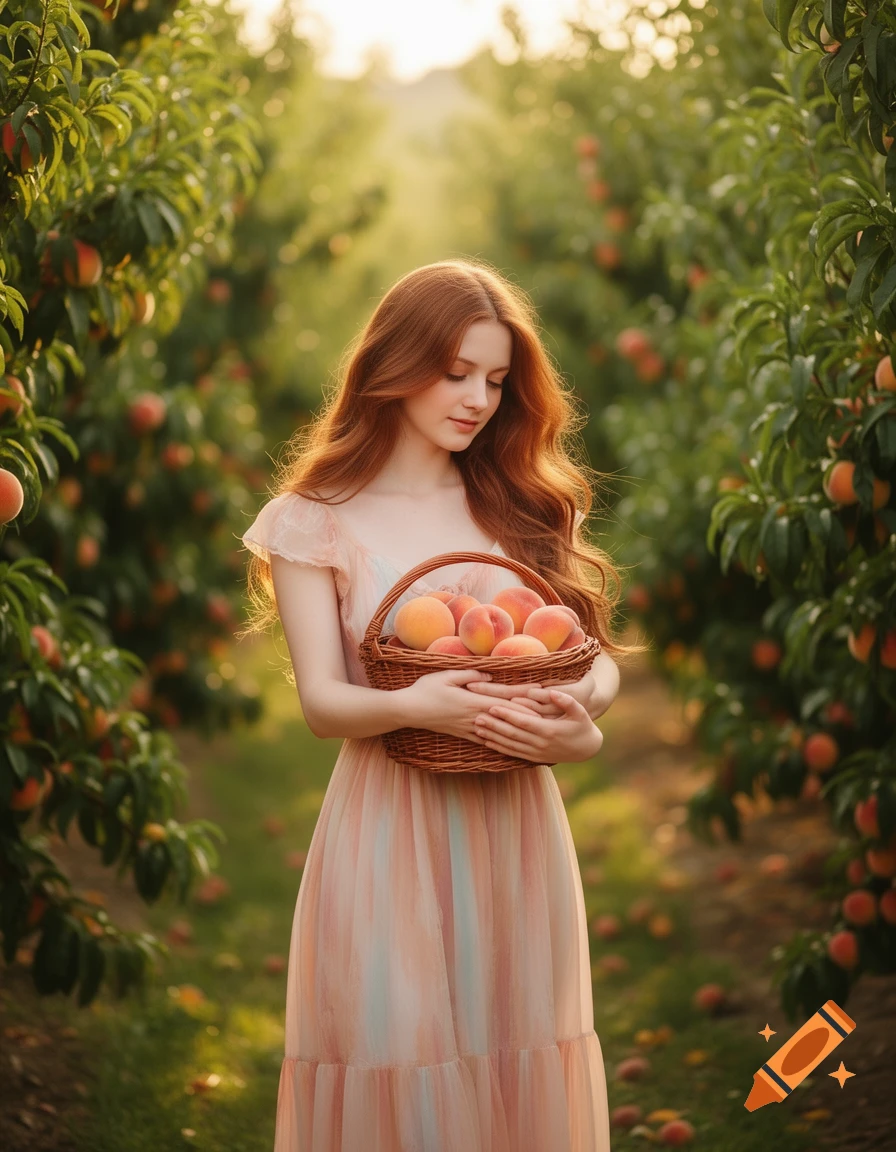 A beautiful young woman with long red hair in a sunlit peach orchard, holding a basket of peaches.