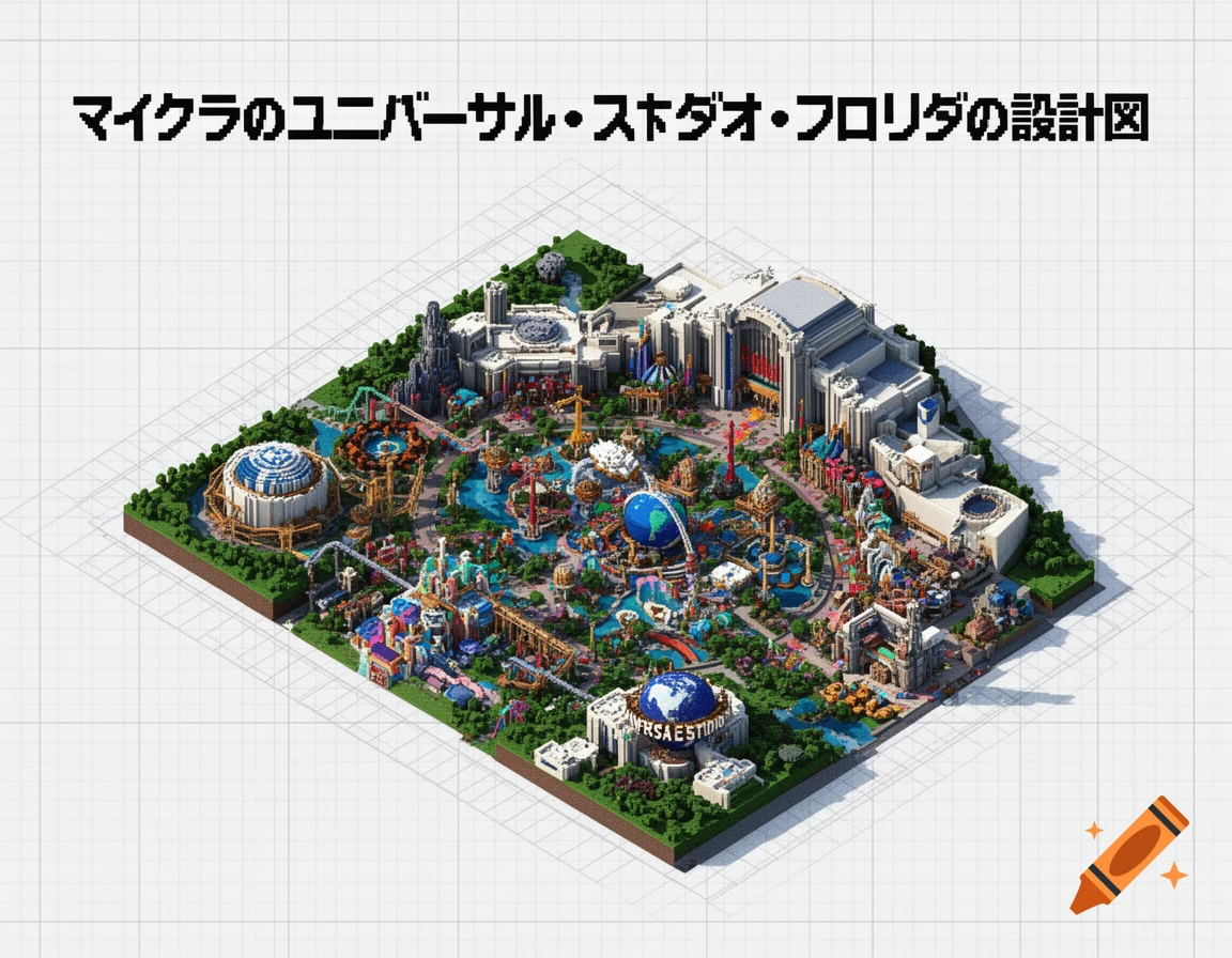 Isometric pixel art map of Universal Studios Florida with its various attractions, on a white grid background and Japanese text title.