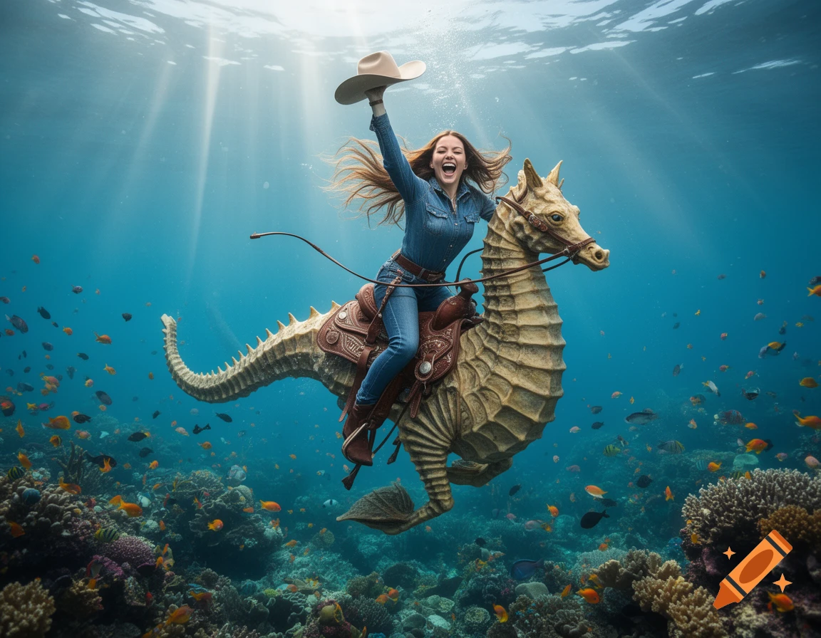 A smiling cowgirl in a denim outfit rides a giant seahorse underwater, holding her hat up amidst coral and fish.
