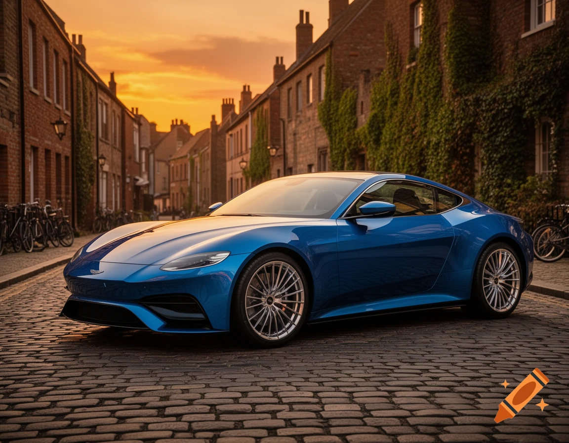 A sleek blue sports car parked on a cobblestone street between brick buildings under a vibrant orange sunset.