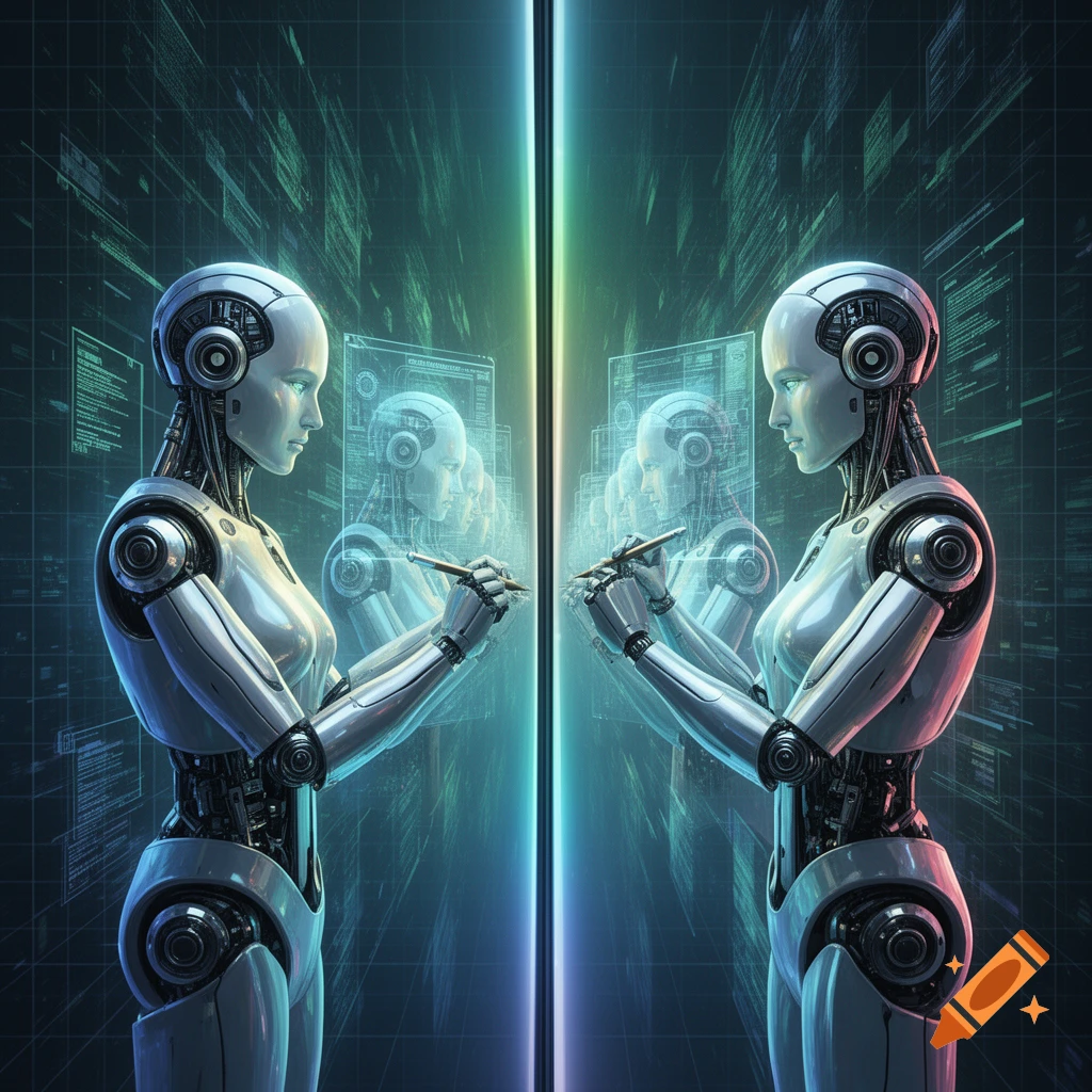 A metallic humanoid robot drawing its reflection in a glowing vertical mirror, surrounded by digital data streams.