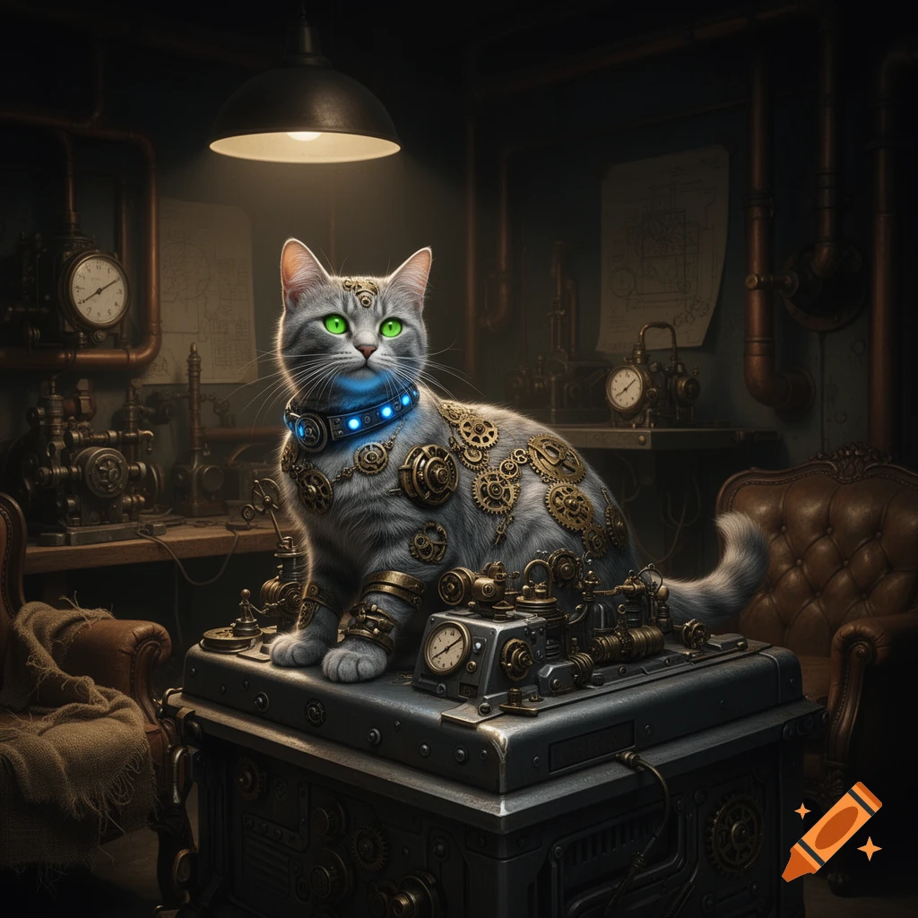 A grey cat with glowing green eyes and a blue light-up collar, adorned with brass gears, sits on a metal contraption in a dark, gear-filled workshop.