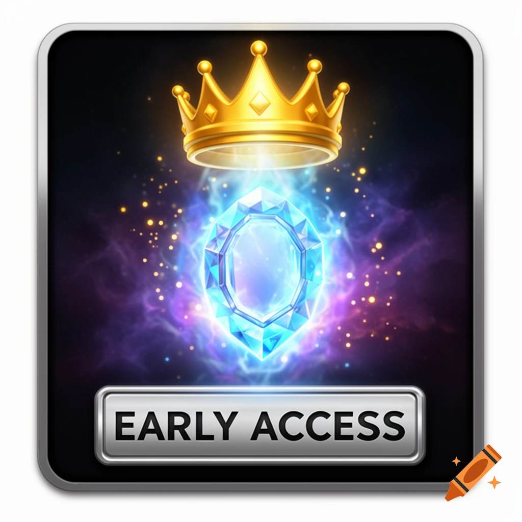A glowing blue crystal portal under a golden crown, with 'EARLY ACCESS' text on a metallic plaque, set against a dark cosmic background.