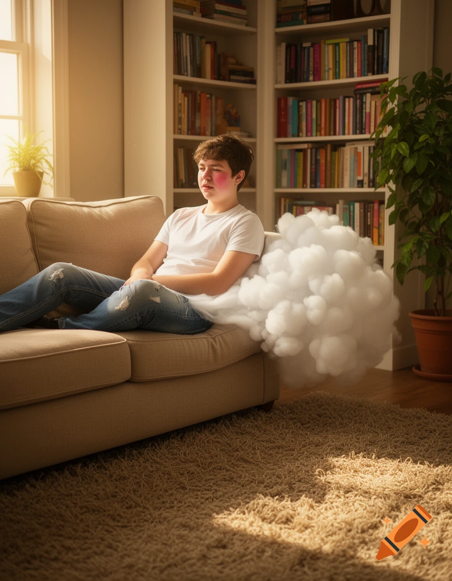 A young boy sits on a beige couch in a sunlit living room with bookshelves, as a large white cloud emerges from behind him.