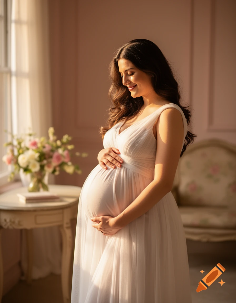 Photorealistic portrait of a smiling pregnant woman in a white dress, holding her belly, bathed in warm sunlight by a window.
