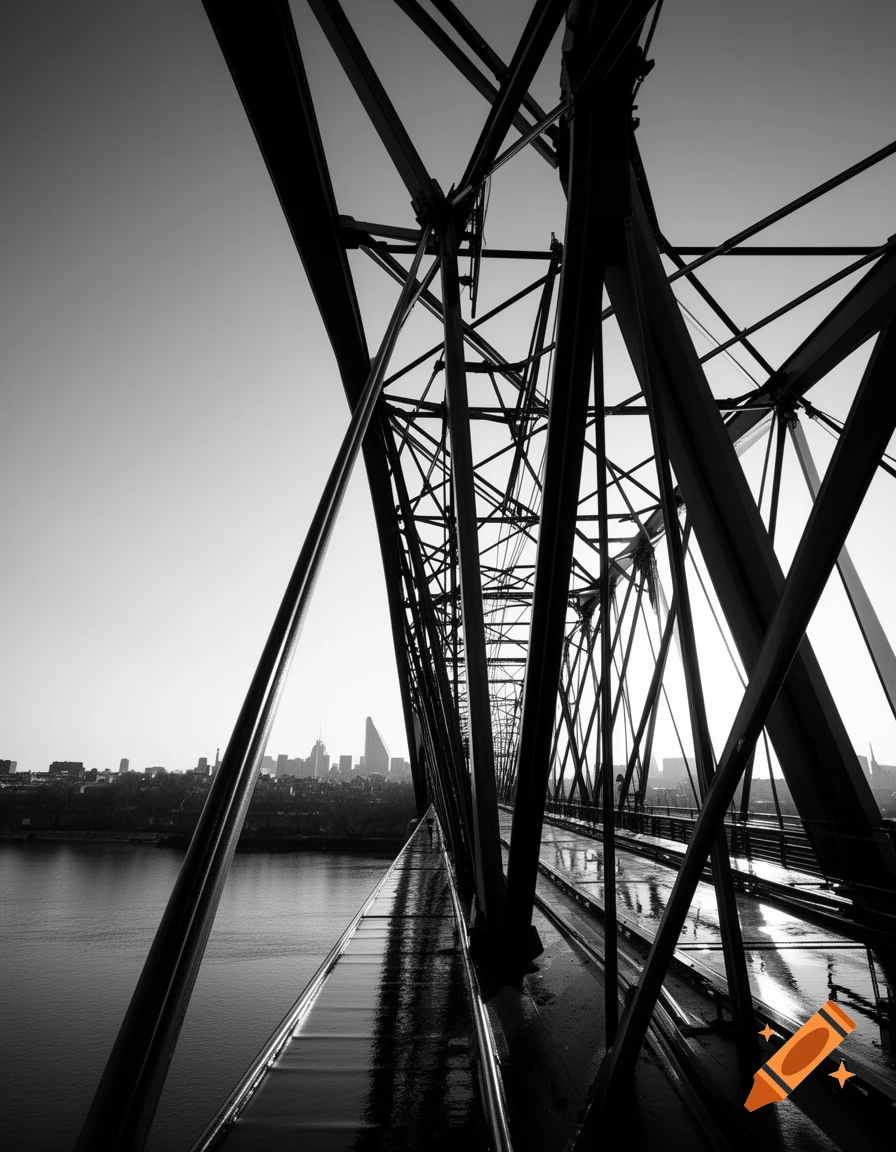 Dramatic black and white photograph of a bridge structure spanning a river with a distant city skyline.