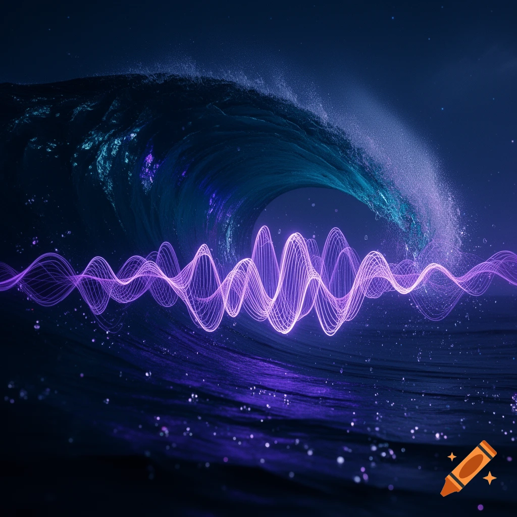 A powerful ocean wave with glowing purple sound waves, set in a dark blue, futuristic atmosphere.
