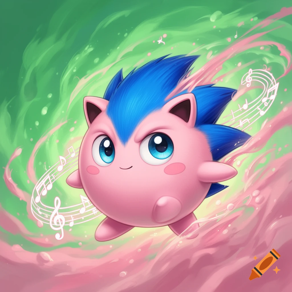 A cute, round pink Jigglypuff with blue Sonic-style quills and large blue eyes, surrounded by musical notes and pink smoke on a green background.