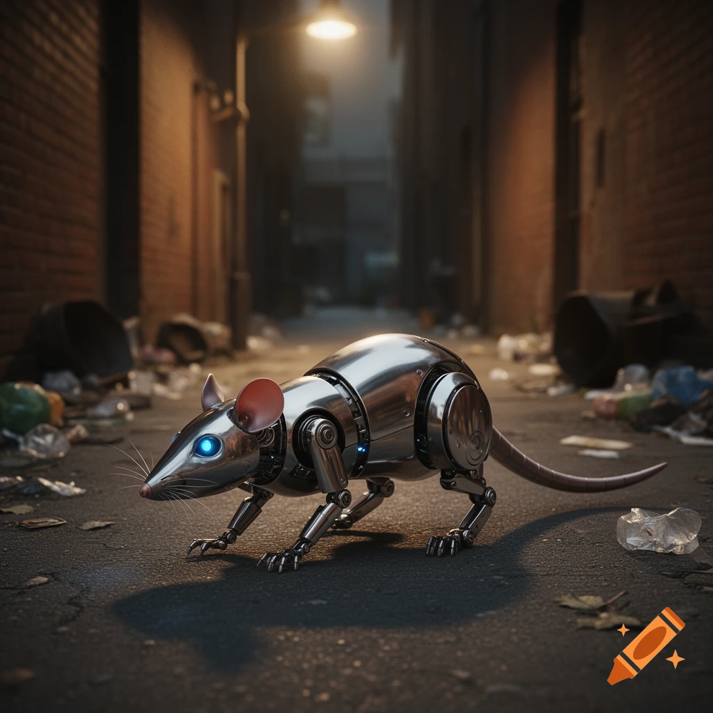 A photorealistic robotic rat with glowing blue eyes stands in a dark, trash-filled urban alley.