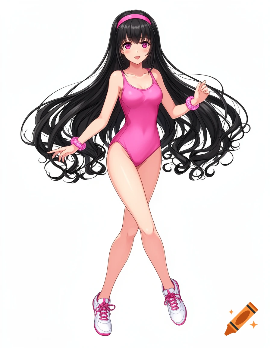 Anime girl with long black hair, pink high-leg swimsuit, headband, bracelets, and white and pink sneakers on a white background.