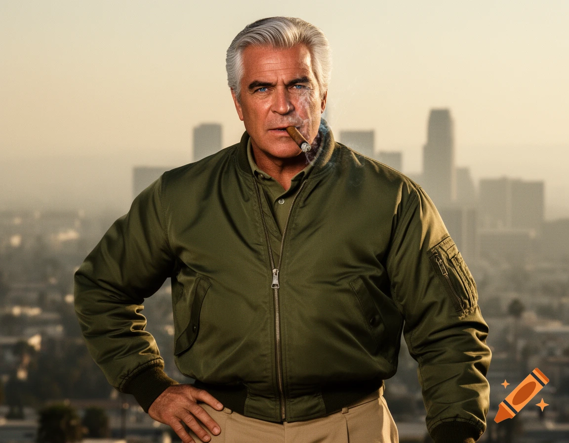 Photorealistic portrait of a grey-haired man in an olive bomber jacket, smoking a cigar against a blurred city skyline at sunset.
