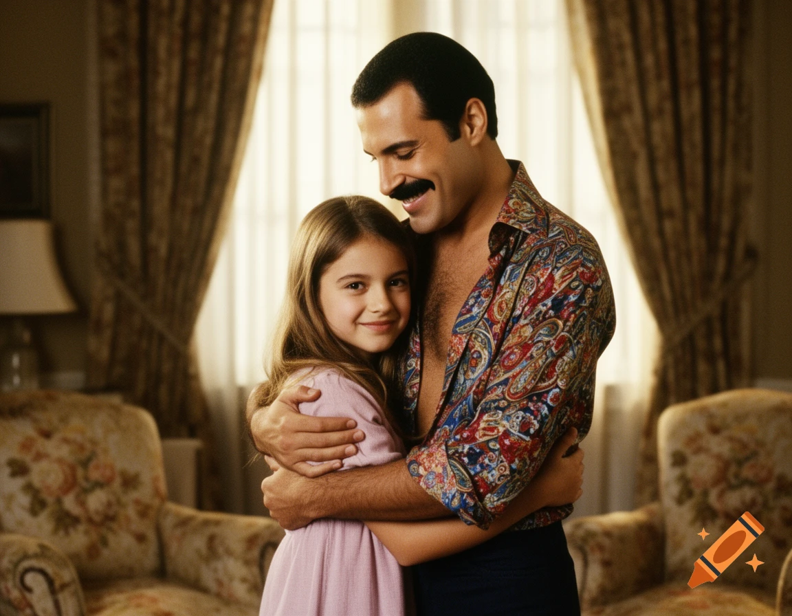 Man resembling Freddie Mercury with a mustache and open patterned shirt hugs a smiling young girl in a home setting, photorealistic.