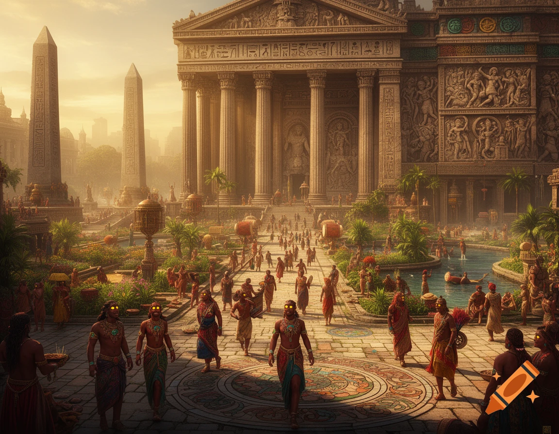 A grand ancient city with large buildings and obelisks, bustling with dark-skinned people with yellow eyes amidst ornate gardens and waterways.