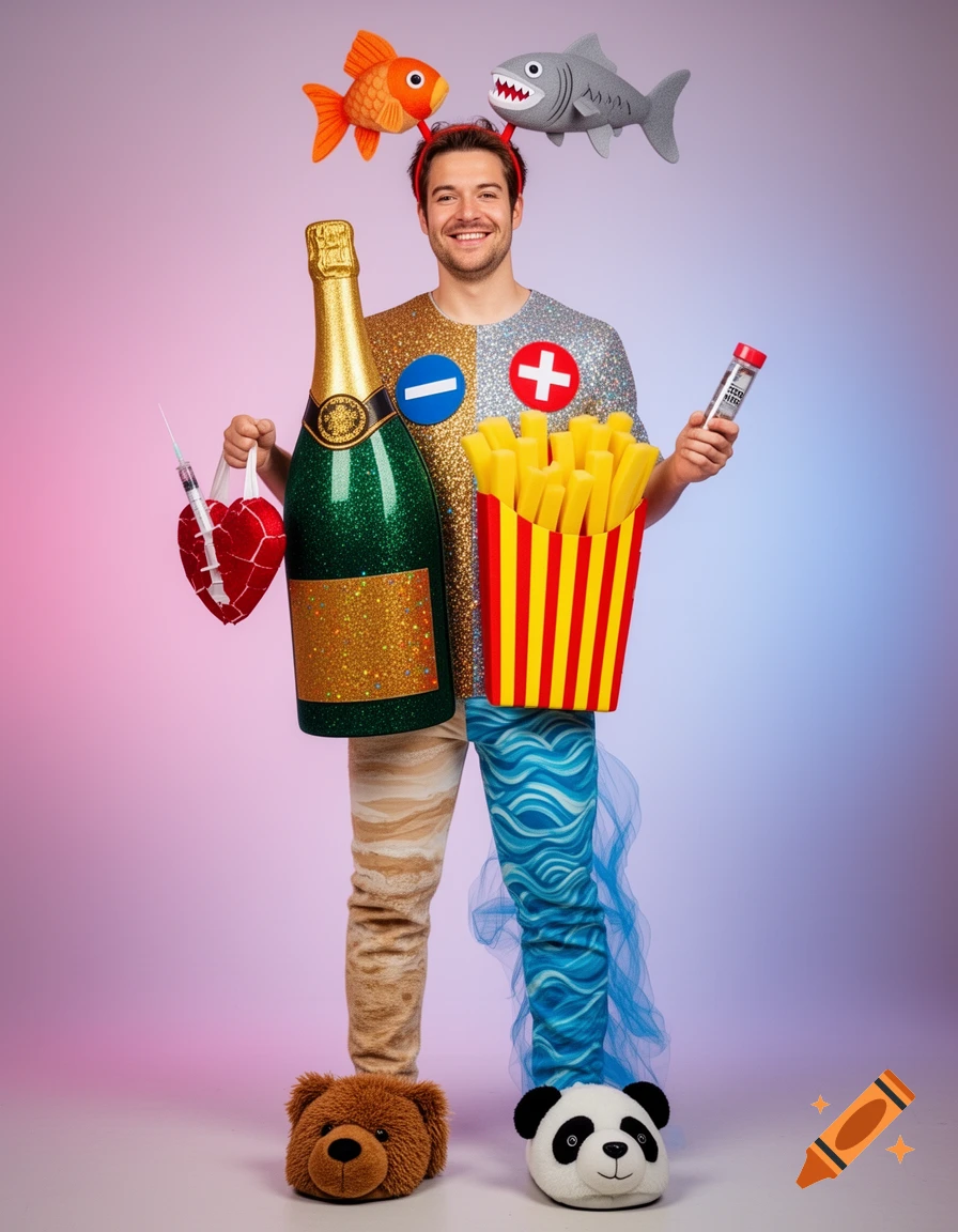Smiling man in a split carnival costume: champagne bottle and fries, fish/shark headband, holding a broken heart bag with syringe.