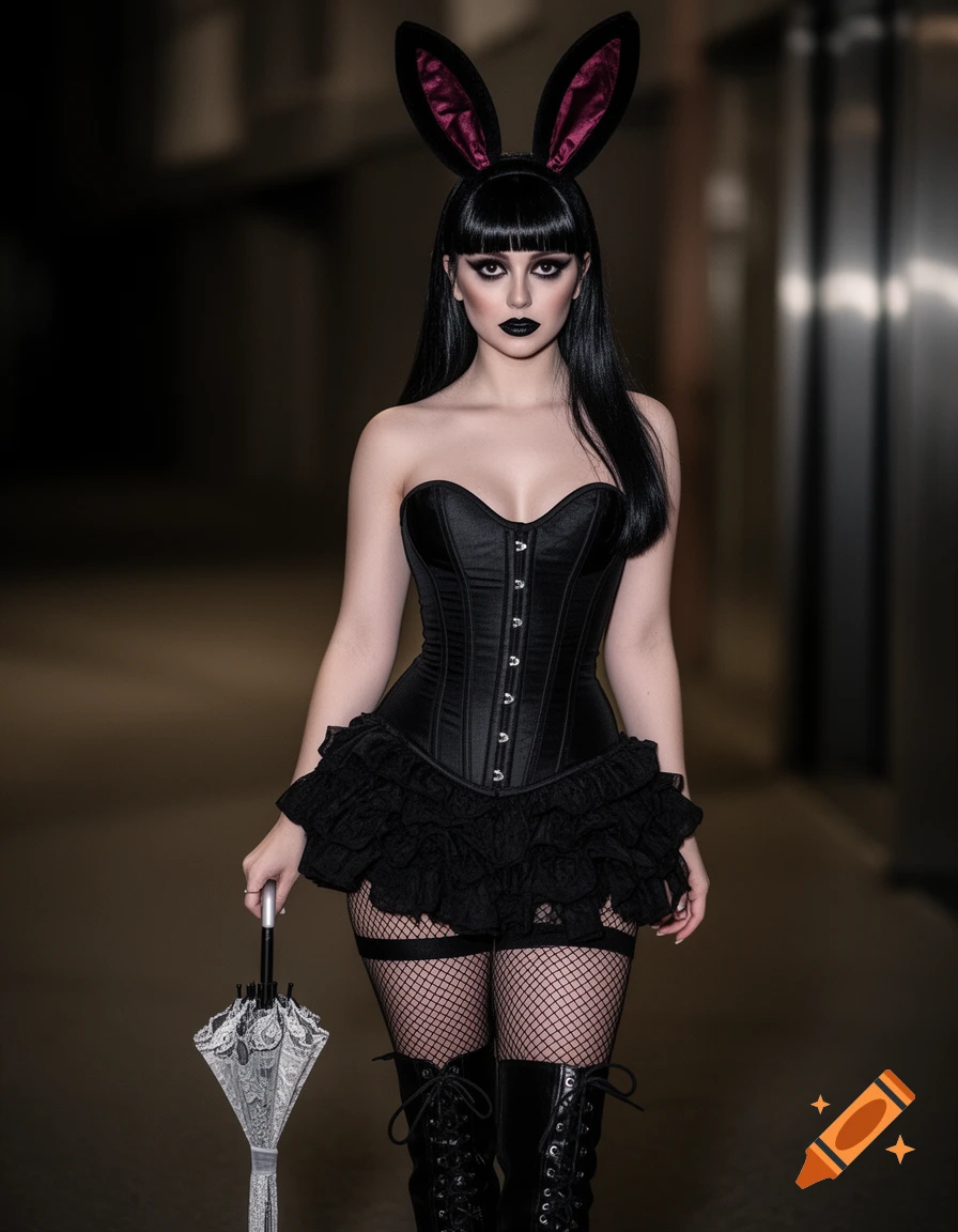 A photorealistic image of a goth woman dressed as a bunny girl, wearing a black corset, ruffled skirt, fishnets, boots, and bunny ears, holding a lace umbrella.