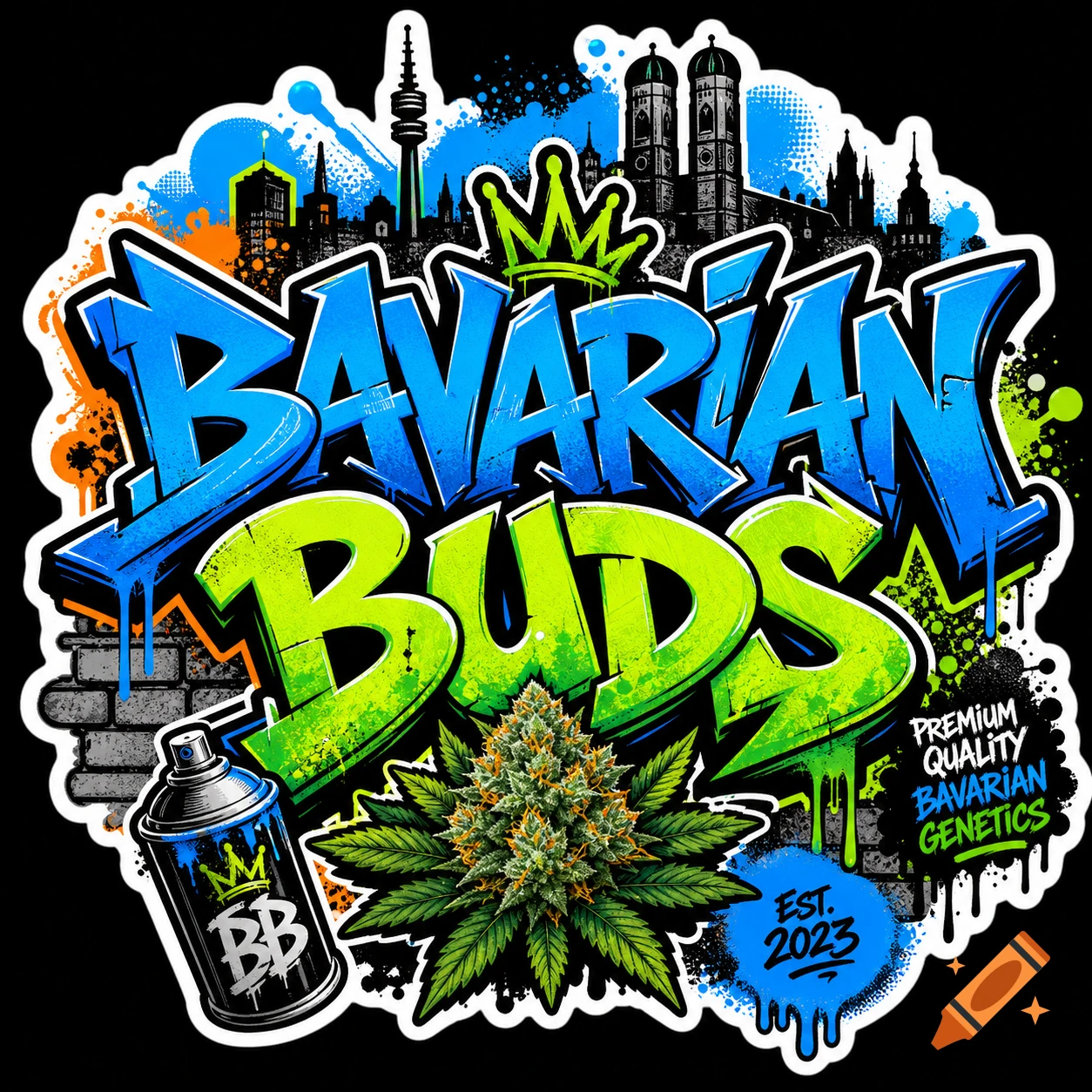 Graffiti style 'Bavarian Buds' logo with a cannabis plant, spray can, and Munich city silhouettes.