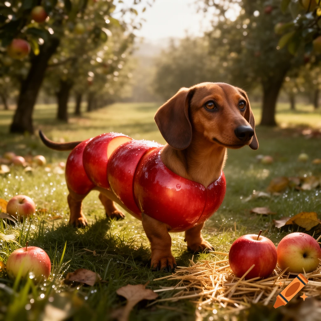 A photorealistic dachshund with its body encased in sliced red apples, standing in a sunny apple orchard.