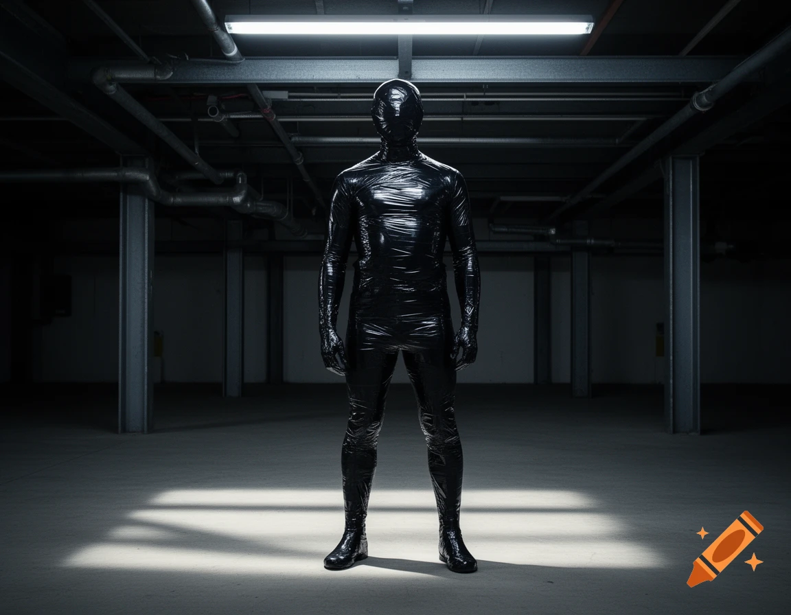 A figure completely wrapped in shiny black plastic stands in a dimly lit, concrete industrial space with pipes overhead.