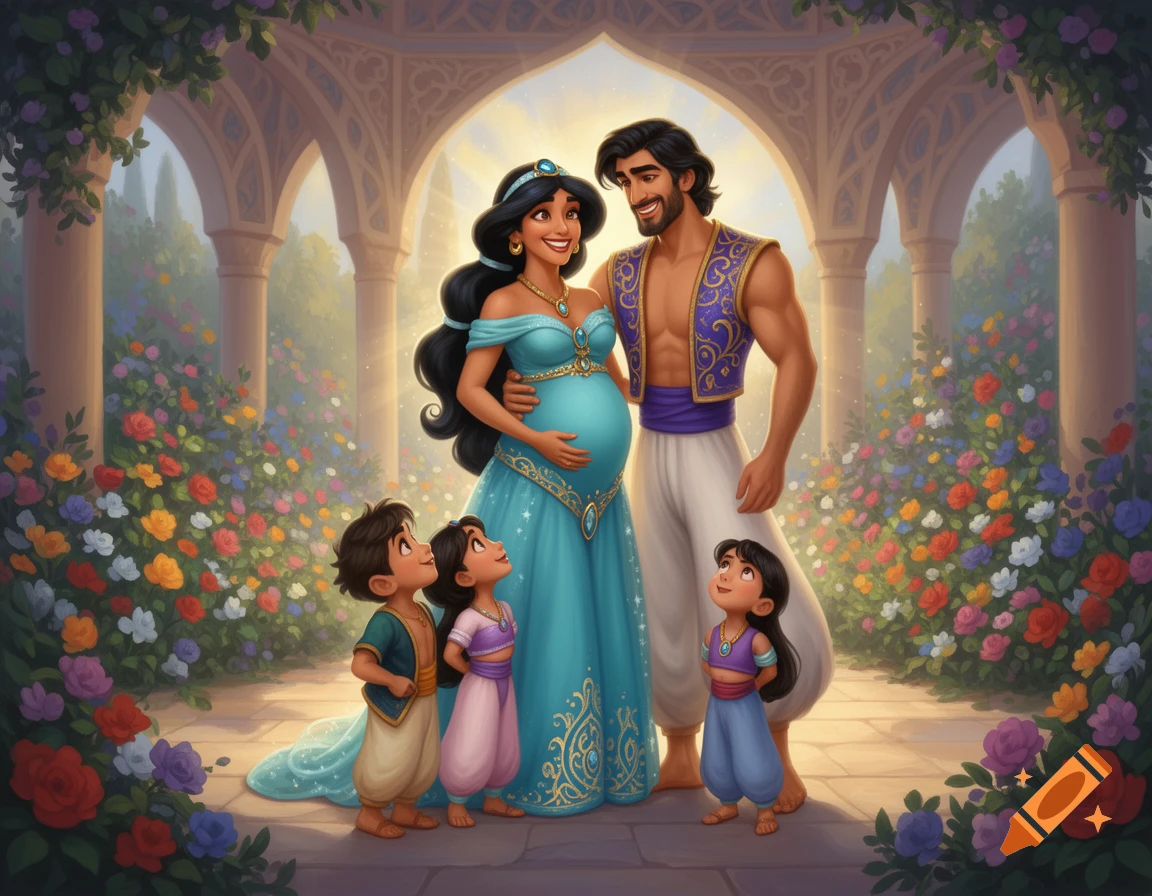 Aladdin and a pregnant Jasmine smile with their three young children in a lush, arched fantasy garden filled with colorful flowers.