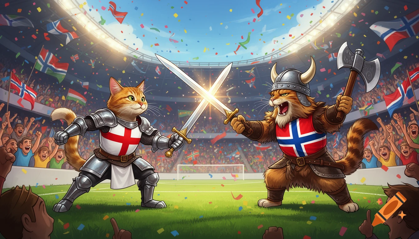 A cartoon knight cat and Viking cat duel with swords and an axe in a vibrant, confetti-filled soccer stadium with a cheering crowd.